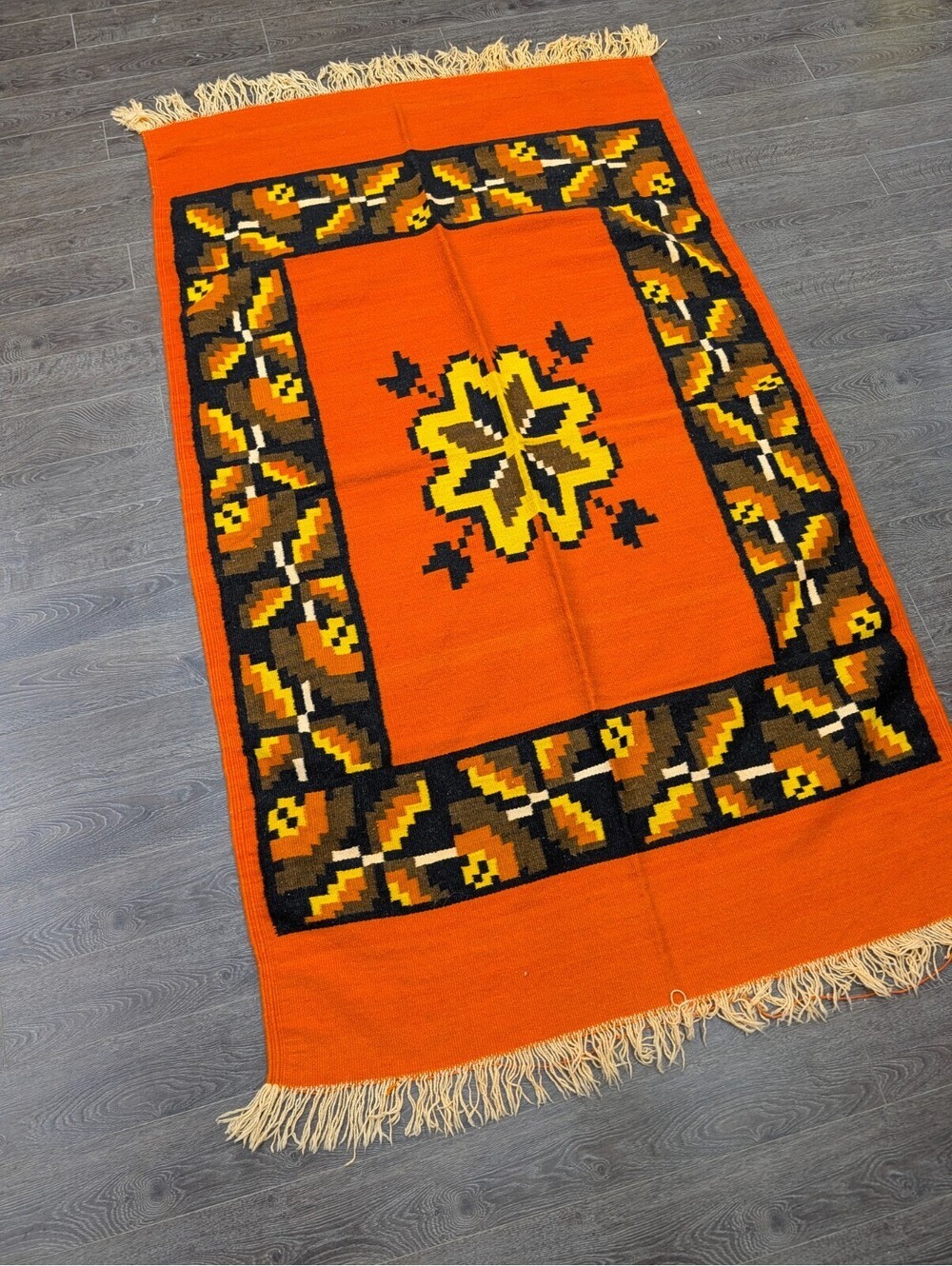 Vintage MCM Hand Woven Wool Area Rug Fringe Orange 77x47